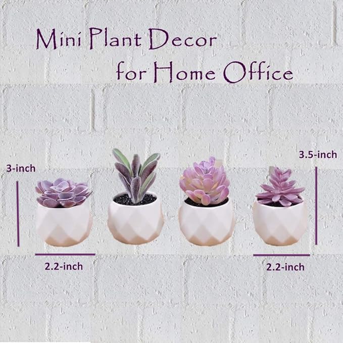 CADNLY Fake Succulent Plant Set - Artificial Desk Plants for Women Desk - Realistic Faux Succulents in Ceramic Pots - Mini Purple Decor for Bedroom Bathroom Office Shelf 4 Pack