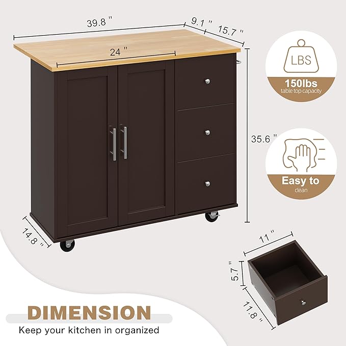 Shintenchi Kitchen Island with Folding Drop Leaf, Rolling Island Table with Storage, Kitchen Cabinet on Wheels with Seating Area for Kitchen, Bar Cart with Cabinet, Brown