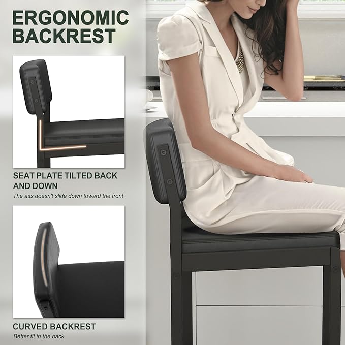 Mid Century Modern Counter Height Bar Stools Set of 3, 26" Bar Height Chairs with Backs, Upholstered Counter Stools, Metal Barstools for Kitchen Island (Black- Faux Leather, 26"H - Set of 4)