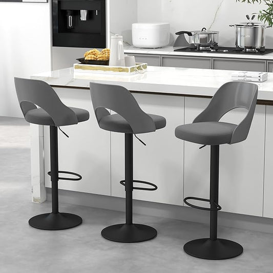 civama Bar Stools Set of 3 for Kitchen Counter, Seat Height Adjustable 25''-33'', Modern Upholstered Swivel Island Chairs with Hollow Backrest Metal Base, Grey