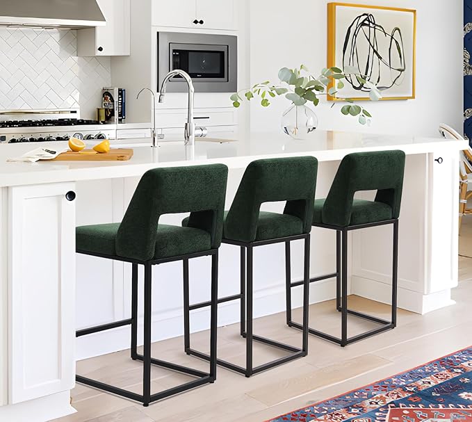 Counter Height Bar Stools Set of 3 for Kitchen Counter Modern Bar Chairs with Backs for Kitchen Island with Upholstered Fabric Seat and Metal Frame, Green, 26 Inch