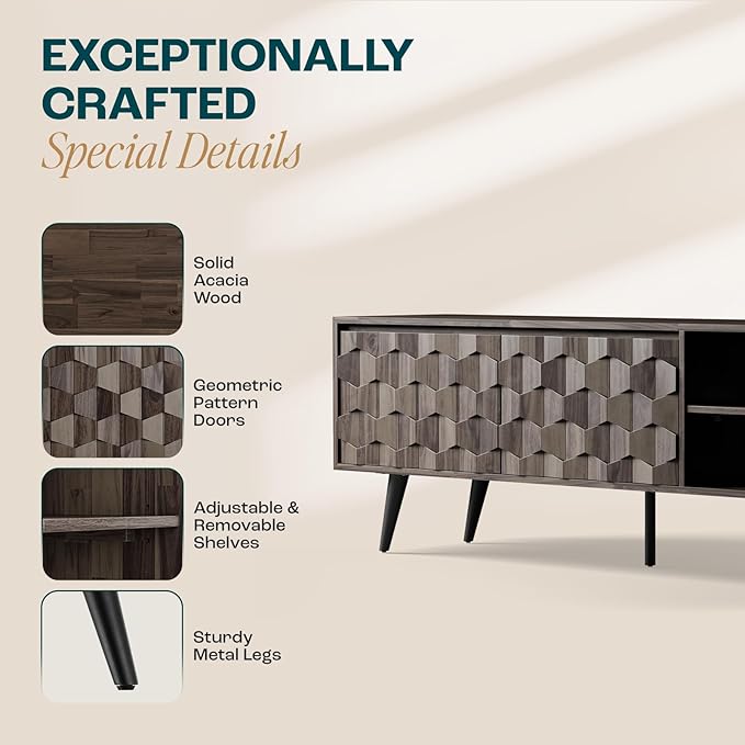 Bme Georgina 65-Inch Solid Acacia Wood TV Stand, Quick Assembly Entertainment Center with Storage, Geometric Pattern Console for Living Room, Bedroom, and Dining Room, Mocha