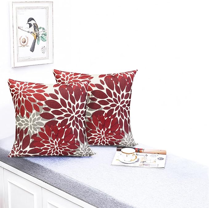 Decorative Throw Pillow Covers Set of 2 Wine Red Pillow Covers 18x18 Inch Couch Pillow Covers for Sofa Living Room Outdoor Throw Pillow Cover Linen Floral Flower Farmhouse Pillowcase