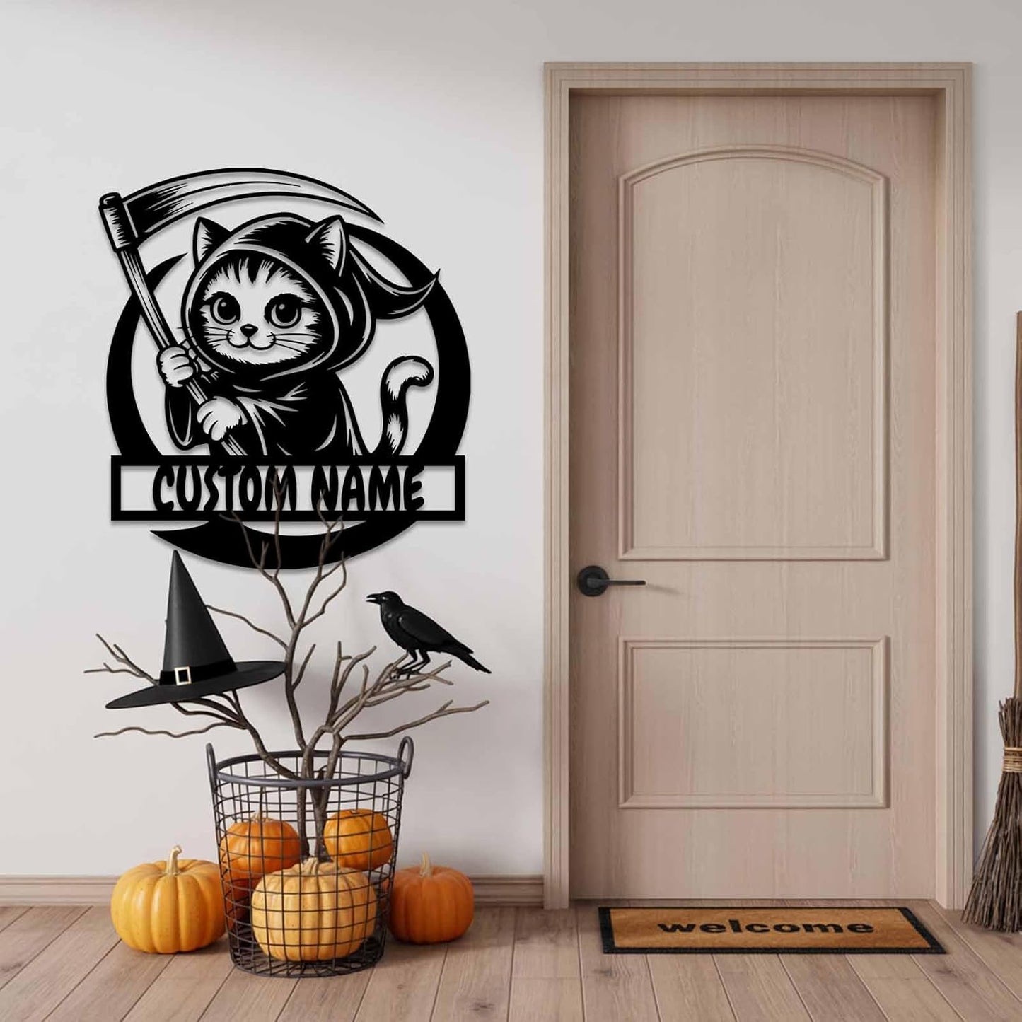 Personalized Scythe Cat Metal Sign, Custom Name Halloween Metal Wall Art, Cute Halloween Decor for Home, Living Room, Porch or Door, Halloween Decorations Outdoor/Indoor