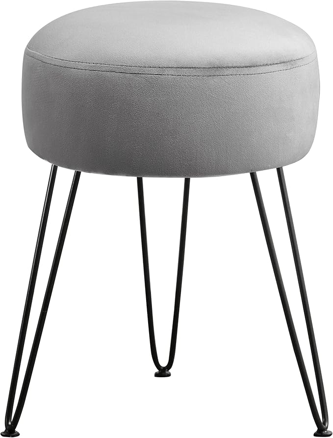 LUE BONA Vanity Stool, Gray Vanity Stools for Makeup Room, Round Ottoman Foot Stool, Velvet Footrest Vanity Chair for Bathroom Vanity, Bedroom, Living Room, Entryway, Offices