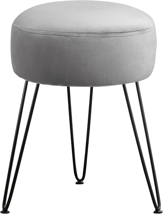 LUE BONA Vanity Stool, Gray Vanity Stools for Makeup Room, Round Ottoman Foot Stool, Velvet Footrest Vanity Chair for Bathroom Vanity, Bedroom, Living Room, Entryway, Offices