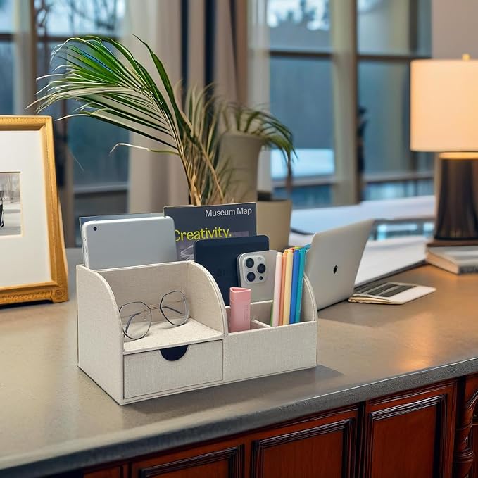 UnionBasic Desk Organizer - Multifunctional Leather Desktop Pen Holder Storage Box - Business Card/Pen/Pencil/Mobile Phone/Stationery Holder, Beige Linen Texture Revised