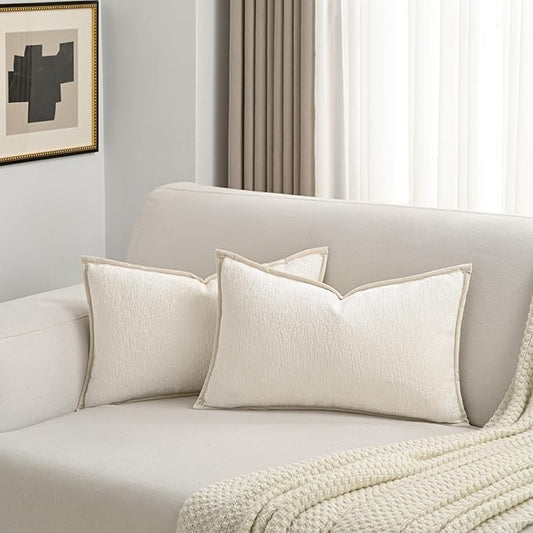 FUTEI Cream White Chenille Throw Pillow Covers 12x20 Inch Set of 2,Soft Cozy Bound Edge Design Lumbar Pillow Cases,Home Decor for Couch Bed Living Room
