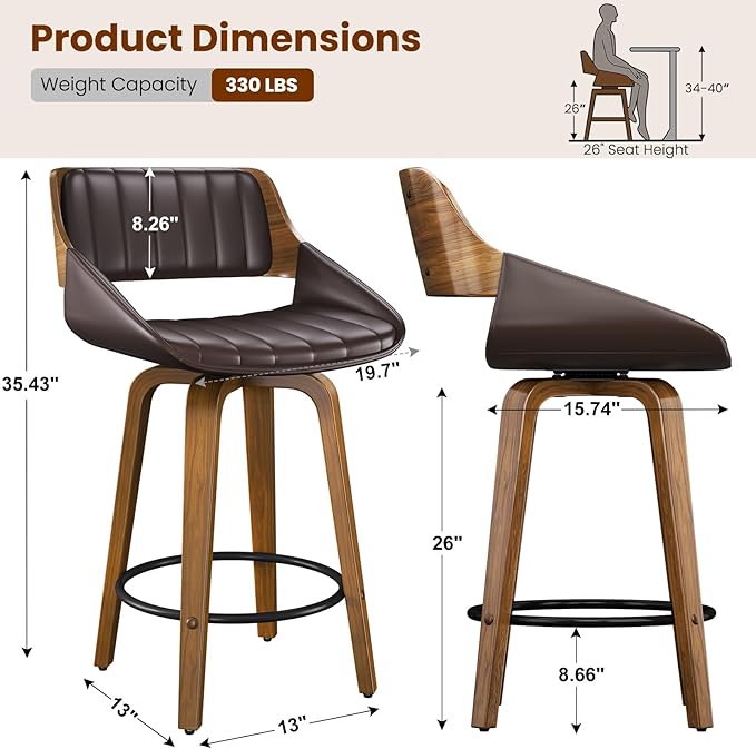 Bar Stools Set of 6, 26" Swivel Counter Height Barstools with Walnut Bentwood Back and Legs, Mid-Century Modern Faux Leather Upholstered Bar Chairs with footrest for Bar, Kitchen Island, café, Brown