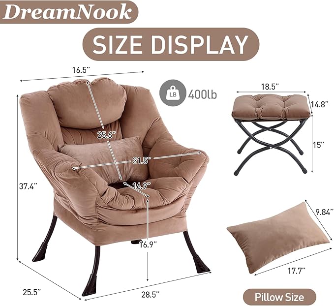 Lazy Chair with Ottoman, Modern Accent Chair with Lumbar Pillow, Comfy Chairs with Folding Footrest for Bedroom, Reading, Oversized Supportive Lounge Chairs(Velvet Khaki)