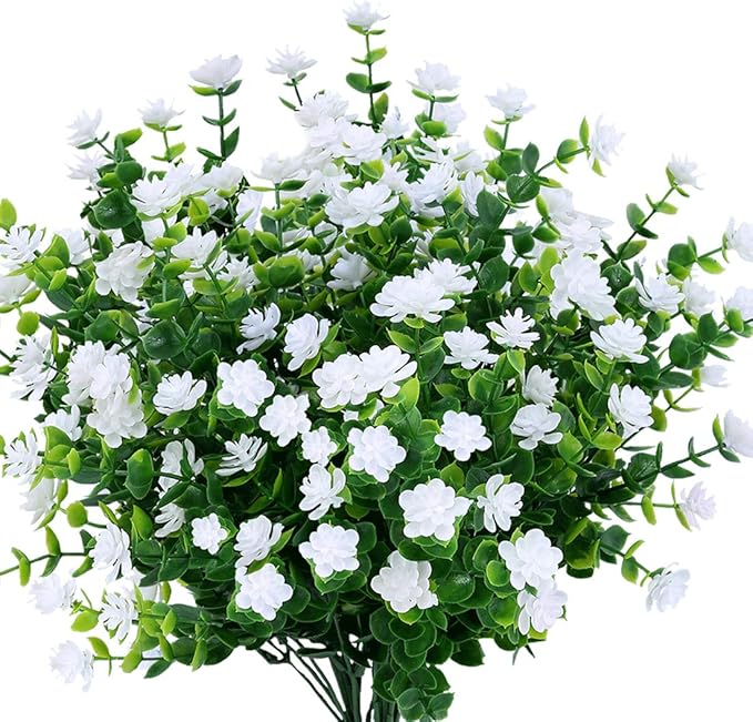 24PCS Artificial Flowers, Fake Artificial Greenery UV Resistant No Fade Faux Plastic Plants for Wedding Bridle Bouquet Indoor Outdoor Home Garden Kitchen Office Table Vase(White)