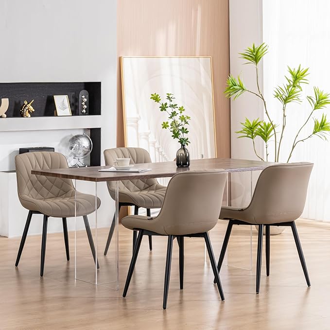 YOUNUOKE Dining Chairs Set of 2 Mid Century Modern Kitchen Chair Comfortable Upholstered Faux Leather Dinner Chairs for Kitchen Dining Room, Khaki