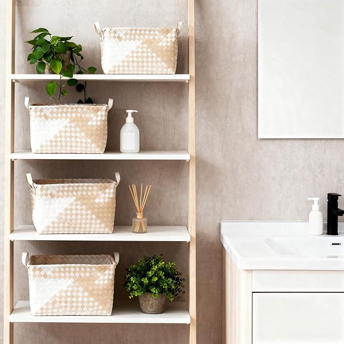 15L Laundry Baskets Waterproof Storage Baskets For Shelves Large Laundry Hamper With Leather Handle -set of 6 Cube Organizers Woven Bins for Bathroom,Bedroom,Pantry,Clothes,Car & Towels-Beige