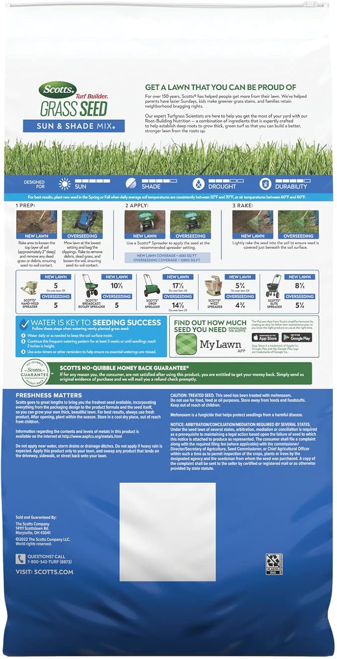 Scotts Turf Builder Grass Seed Sun and Shade Mix with Fertilizer and Soil Improver, Thrives in Many Conditions, 32 lbs.