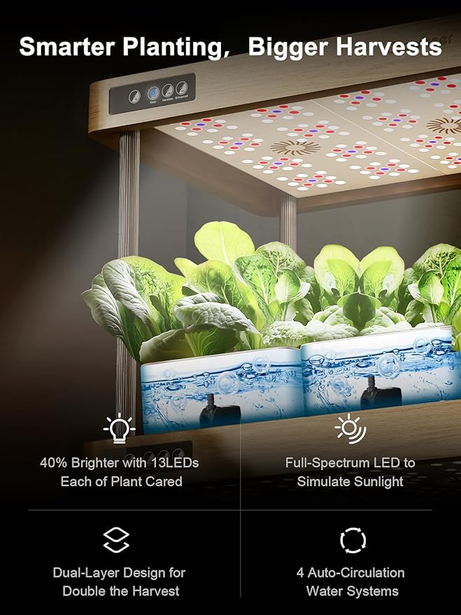 GROWNEER HydroEasy1.0 Hydroponic Growing System, 2-Tier Indoor Garden with Full-Spectrum LED Grow Lights, 32 Pods, Solid Wood Design, Independent Water Circulation, Ideal for Vegetables, Herbs, Pine