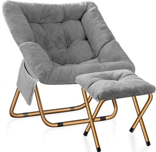 Comfy Saucer Chair, Foldable Living Room Chairs, Soft Faux Fur Lounge Chair for Bedroom, Reading Chairs for Adults, Kids, X-Large (Blue Grey)