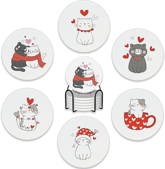 6 Pcs Coasters for Drinks with Holder,Sweet Cat in Love Cute Absorbent Coaster with Cork Backing,Great Gift for Housewarming,Room Decor,Bar,Holiday Party