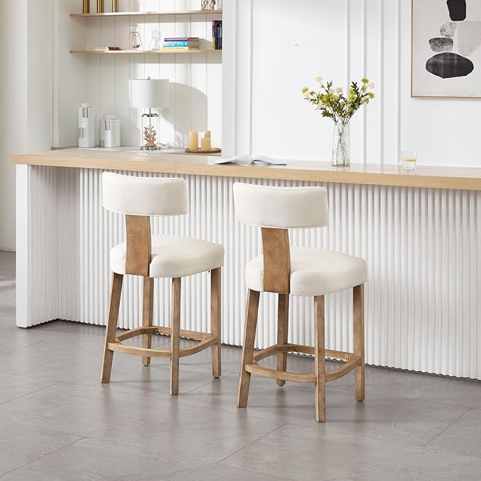 Linen Bar Stools Set of 2, Upholstered 27.7'' Counter Height Barstools with Curved Back, Farmhouse Wood Bar Chairs for Breakfast, Kitchen Island, Cafe, Beige