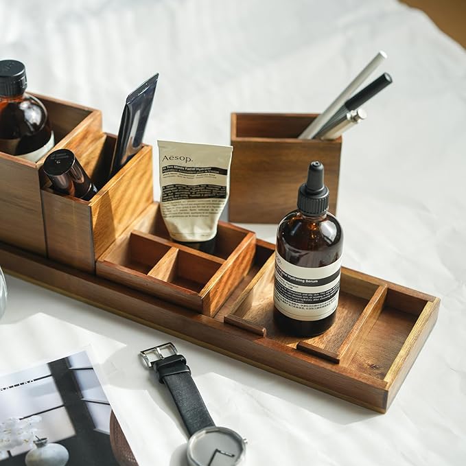Wood Vanity Tray, 6-Piece Small Bathroom Counter Organizer Wooden Decorative Trays Rectangular Perfume Jewelry Makeup Cosmetic Holder Set - Holds Small Items