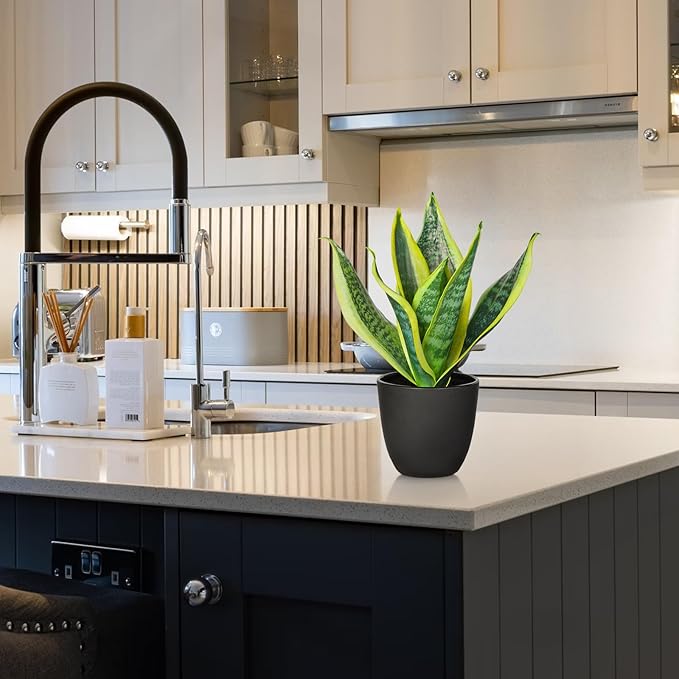 Fake Plant 11.22 Inch Fake Snake Plant Artificial Plants Indoor Sansevieria Faux Plants with Black Pot Artificial Snake Plant for Living Room Bathroom Office Table Centerpieces Shelf Home Decor