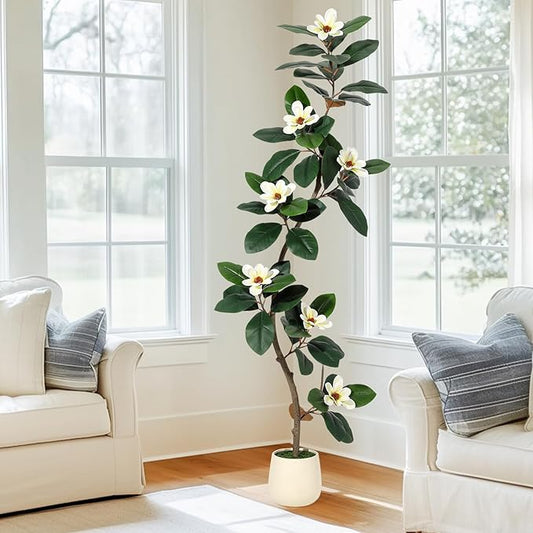 Rubber Tree 6 ft Artificial Tree in White Planter Pot, Faux Plants Indoor Faux Floor Plant Artificial Plants with 7 Pcs Magnolia Flowers for Home Decor, Artificial Fiddle Leaf Fig Tree for Office