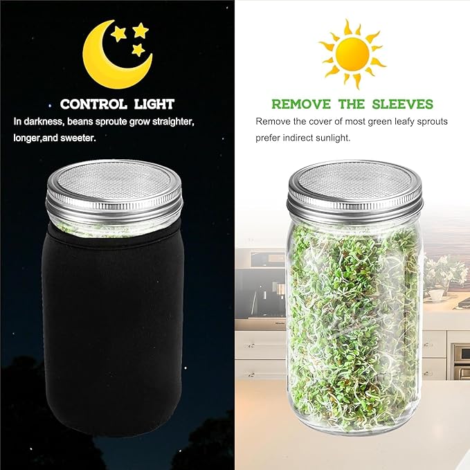 Organic Seed Sprouting Jar Kit – 2 × 32 oz Wide-Mouth Mason Jars with Stainless-Steel Sprouter Lids & Stand, Blackout Sleeves, Drain Tray – Grow Broccoli, Alfalfa & Bean Microgreens