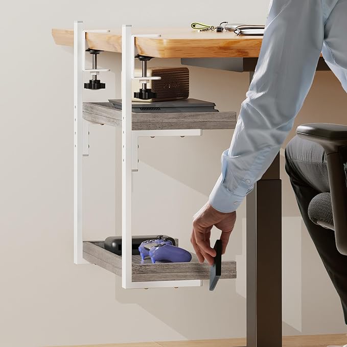 Clamp On Desk Shelf 2-Tier, 12.5 inch Wood Shelving Unit for Office Desk/Gaming Accessories, Tabletop Book Storage Rack, Shelf for Top & Under of Desk, Grey