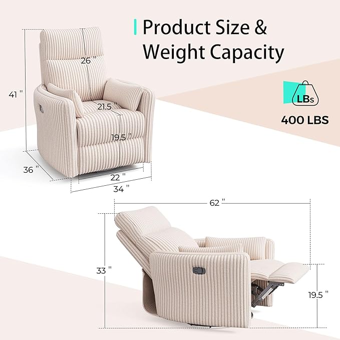 LINSY 360 Swivel Rocker Recliner - Corduroy Nursery Glider Rocking Chair with 2 Pillows, Comfy High Back Adult Recliner for Small Spaces, Nursery Bedroom Living Room Reclining Chairs (Beige)