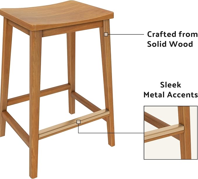 Plank+Beam Smythe Counter Stool, 24", Set of 2, Sturdy Wood Modern Kitchen Counter Height Stool, Saddle Seat Backless Counter Chair, Metal Footrest, Pecan
