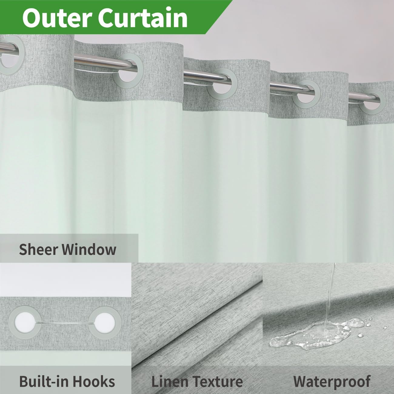 No Hooks Needed Linen Textured Shower Curtain with Snap-in Fabric Liner Set,Sage Green Hotel Luxury Decor Shower Curtains for Bathroom,Water Repellent & Washable,71Wx77H