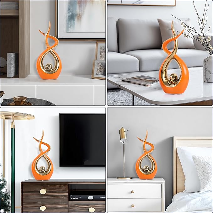 Gold Orange Modern Sculpture Table Decorations, Ceramic Knick Knacks Statues for Living Room Decor, Tv Stand and Desk Decor, Suitable for Coffee Tables and Shelf Decorations, Great Gift Idea