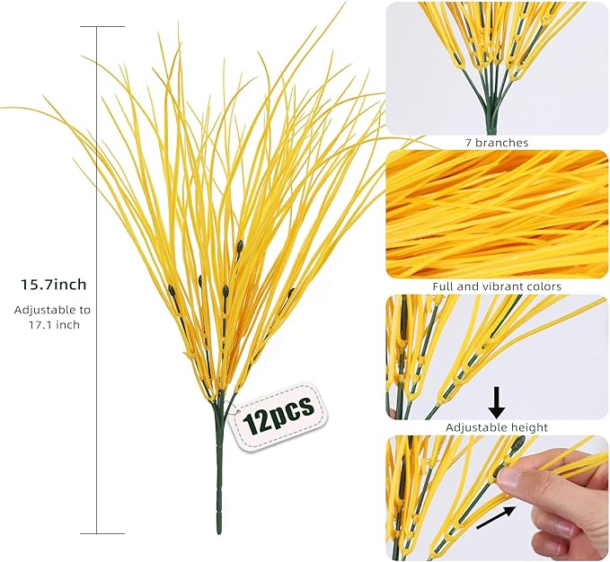RECUTMS Artificial Grasses Outdoor Plants Tall Grass Spring Fake Grass Plant Plastic Artificial Shrubs for Planters Wedding Indoor Outside Garden Porch Home Office Window Box Decor(Pure Yellow)