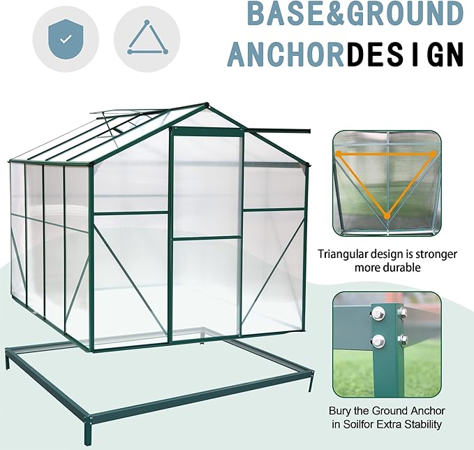 6x8 FT Polycarbonate Greenhouse, with Sliding Door and Adjustable Roof, Heavy Duty Walk-in Greenhouse Aluminum Sunroom Hot House for Outdoor Garden Backyard,Green