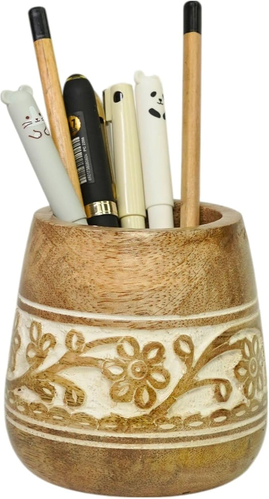 Mie Creations Designer Pencil Holder for Desk Wood | Paintbrush Holder Cup, Desk Accessories, Cute Make Up Brush Organizers | Office Desktop, Wooden Pen Stand | Stationary, Art Supplies | White-4''