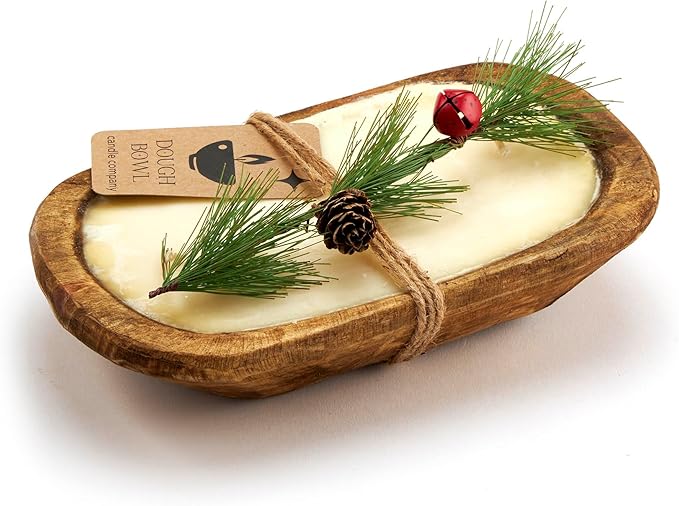 Dough Bowl Candle Co. Christmas Tree Soy Candle - 3 Wick Rustic Farmhouse Decor Odor Eliminator in Ornamental Wooden Bowls, 20 Ounce All-Natural Gifts for Women and Men, Wooden Decor Dough Bowls