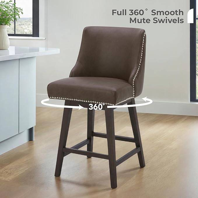 CHITA Counter Height Swivel Bar Stools Set of 2, FSC Certified Upholstered Counter Stools, Modern Swivel Barstools with Wood Legs for Kitchen Island, 26" Seat Height, Faux Leather in Chocolate