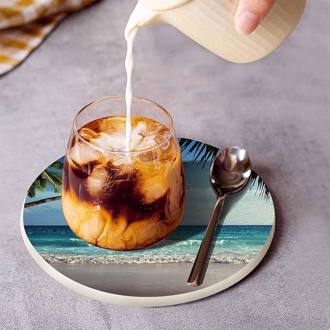 Vintage Beach Drink Coaster Ocean Beautiful Sea Coast Palm Trees Seascape Beautiful Home Decor Diatomite Heat-Resistant Diatomite 4 Inch for Cold Drinks Wine Mugs Cups