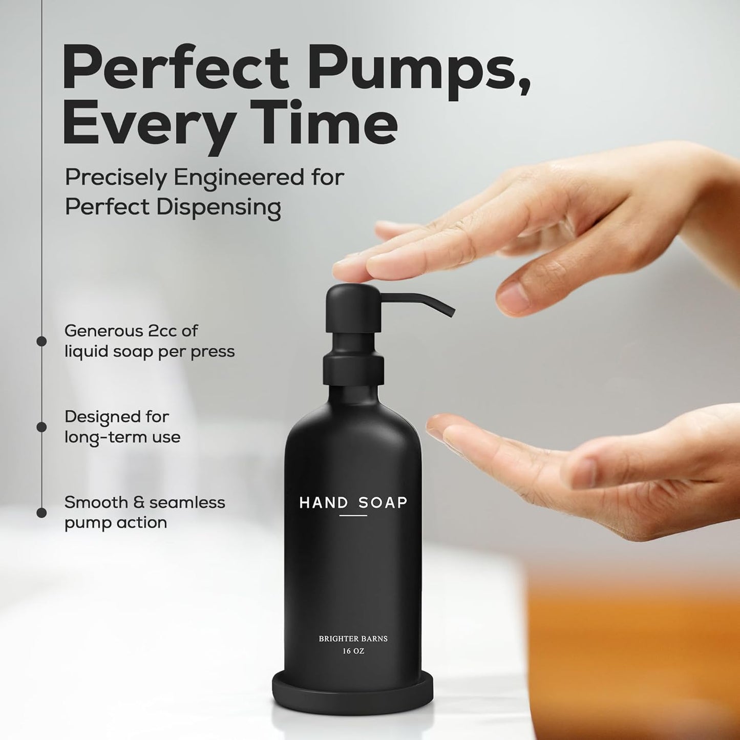 Black Glass Hand Soap Dispenser Bathroom Set by Brighter Barns - Bathroom Soap Dispenser Set with Tray and Stainless Steel Pump - Modern Decor for Kitchen, Hotel, Vacation Rental, Restaurants (Black)