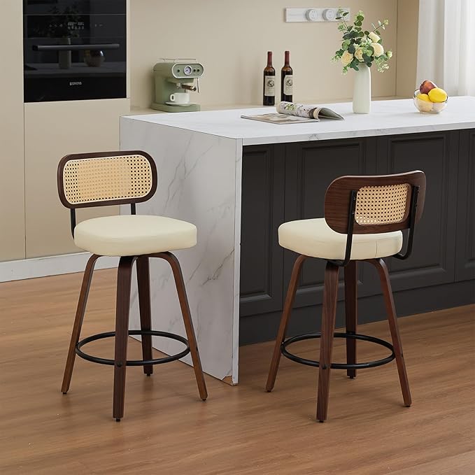 Swivel Counter Height Bar Stools Set of 2, 26 inch Bar Chairs with Curved Rattan Back, Upholstered PU Leather, Walnut Craftsmanship, Mid Century Modern Counter Stools for Kitchen Counter, Beige