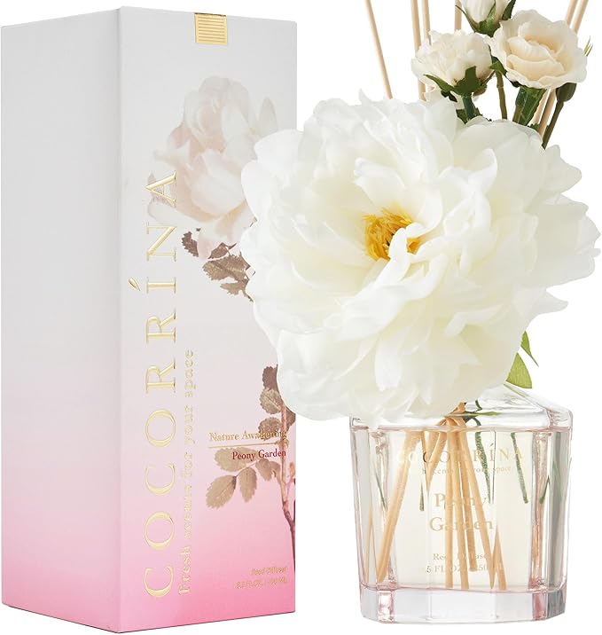 COCORRÍNA Reed Diffuser - Peony Garden 8.5oz Flower Reed Diffuser Set with 8 Sticks, Home Fragrance Reed Diffuser for Home Bedroom Office Bathroom Shelf Decor (Master Collection)