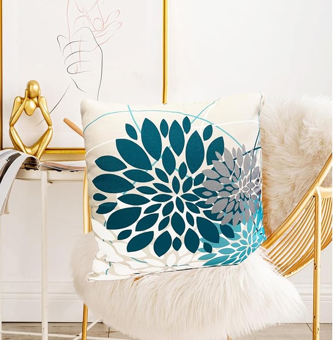 Teal Blue Decorative Throw Pillow Covers 16x16 Inch Pillow Covers for Couch Living Room Bedroom Outdoor.Modern Sofa Throw Pillow Cover.Farmhouse Geometric Floral Linen Square Pillow Case.Set of 2