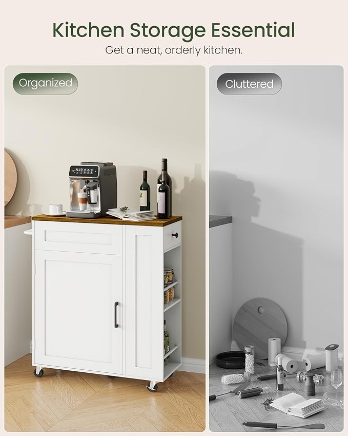 Kitchen Island Cart with Storage, Kitchen Cabinet, Mobile Kitchen Island, Storage Trolley for Kitchen with Hidden Trash Bin Cabinet, for Dining Room, White and Walnut MZD06WL