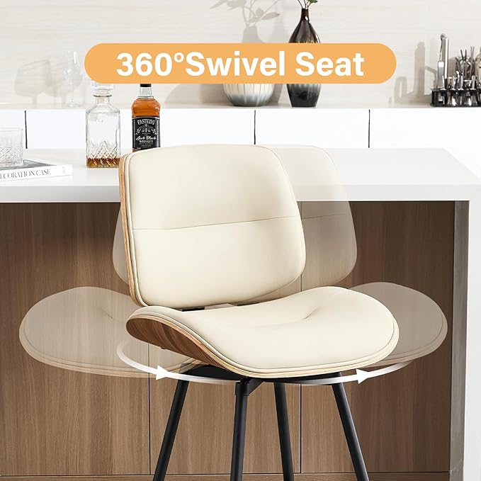 Mid Century Modern Counter Stools Set of 2, 27" Swivel Bar Stools with Metal Legs, Faux Leather Upholstered Bar Chairs with Footrest for Kitchen Island & Dining Tables, Beige