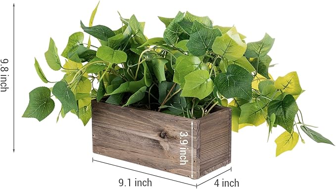 MyGift Vibrant Lifelike Artificial Plant Grape Leafy Vine Greenery in Rustic Brown Solid Wood Rectangular Planter Box