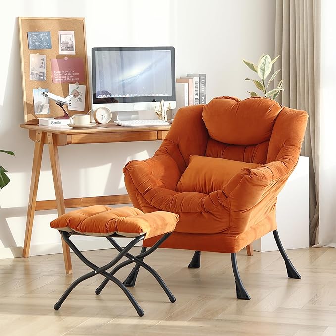Lazy Chair with Ottoman, Modern Accent Chair with Lumbar Pillow, Comfy Chairs with Folding Footrest for Bedroom, Reading, Oversized Supportive Lounge Chairs(Velvet Orange)