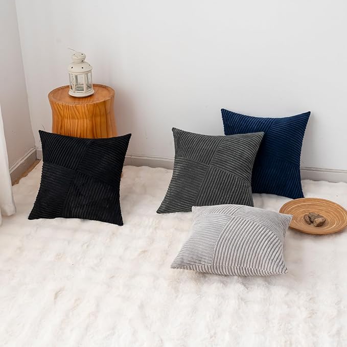 Decorative Throw Pillow Covers 20x20 Inch Set of 4 for Boho Living Room Farmhouse Home Decor, Spring Pillow Covers for Couch Bed, Soft Corduroy Striped Patchwork Cushion Cases, Cool Colors