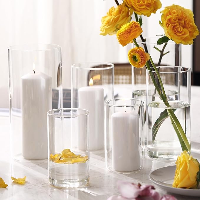 PHOSPHOR Hurricane Candle HoldersFor Pillar Candle Clear Glass Cylinder Centerpieces Vases Table Decoration Centerpiece Floral Room Decor Clear Seeded Bubbles Living Dining Kitchen 6 Pieces
