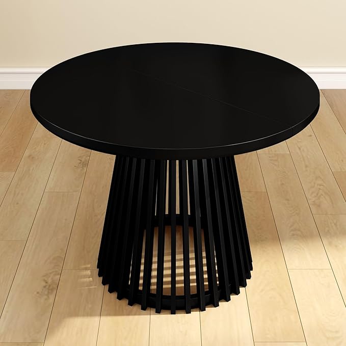 Plank+Beam Lido Round Dining Table, 47", Wooden, Pedestal, Minimalist Kitchen Table for 4 for Dining Room, Black