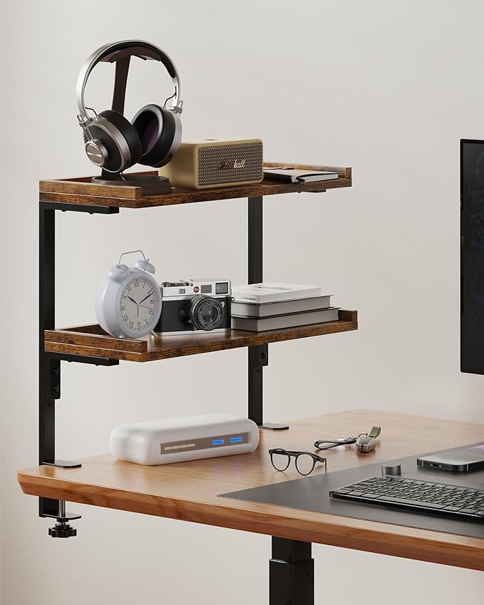 Clamp On Desk Shelf 2-Tier, 16.5 in Wood Shelving Unit for Office Desk/Gaming Accessories, Tabletop Book Storage Rack, Shelf for Top of Desk, Brown