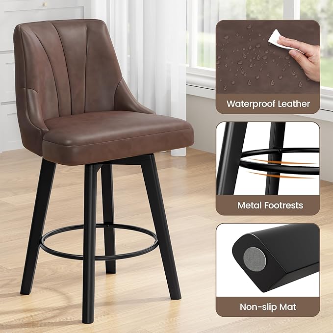 Counter Height Swivel Bar Stool, 24" Upholstered PU Leather Barstools Set of 3, Counter Stool Chair with Back & Solid Wood Legs for Kitchen Island Dining Room (Brown)